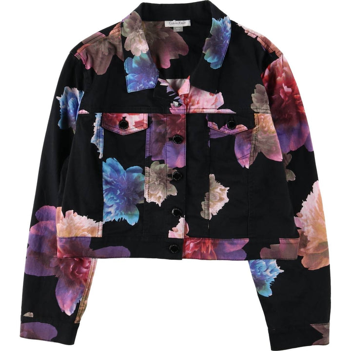 Calvin Klein Floral Print Cropped Open Collar Cotton Jacket for Women (XL) cotton black type Vintage Second Hand