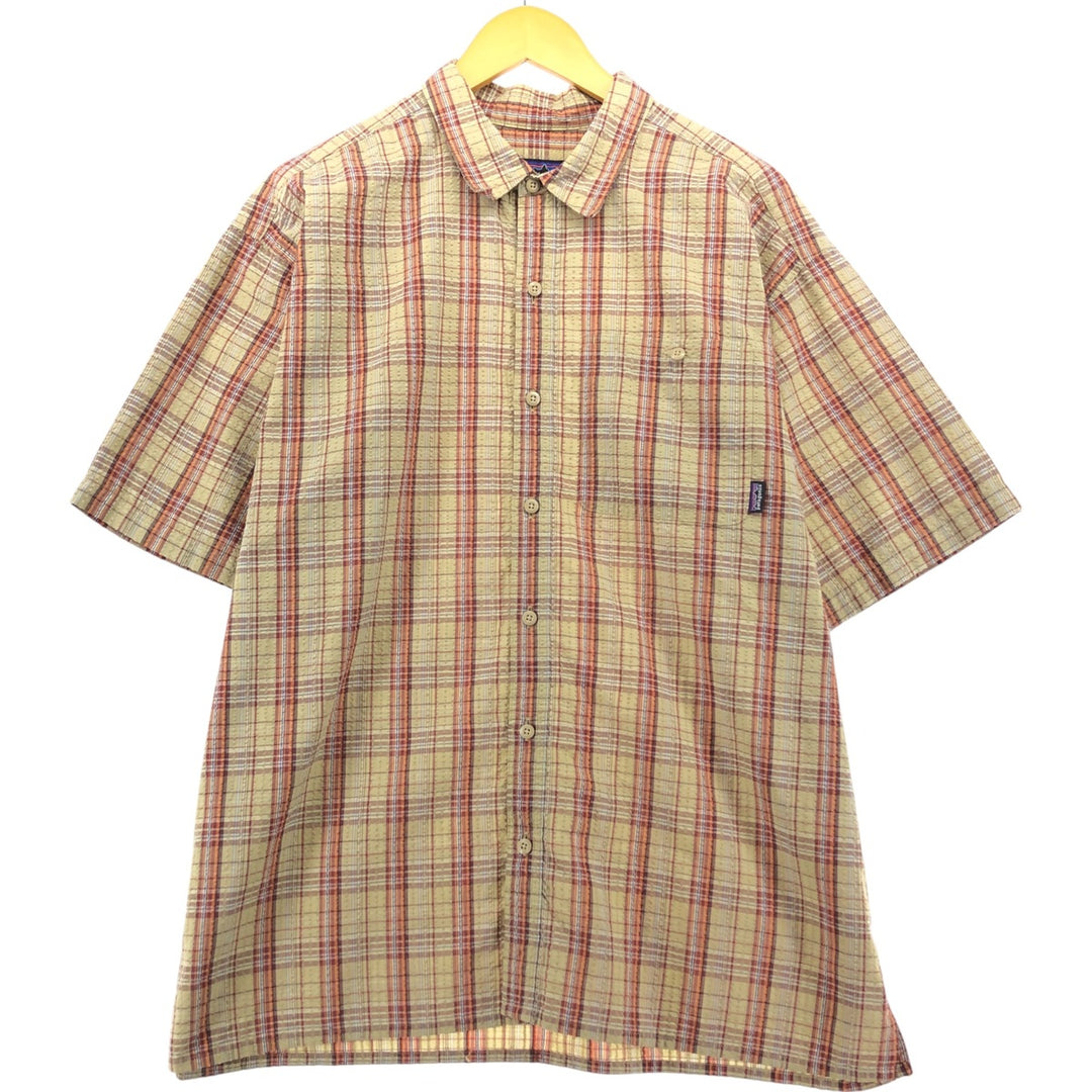 00'S Patagonia 53000S0 Seersucker Short Sleeve Check Shirt Box Shirt Men's L size polyester brown type Vintage Second Hand