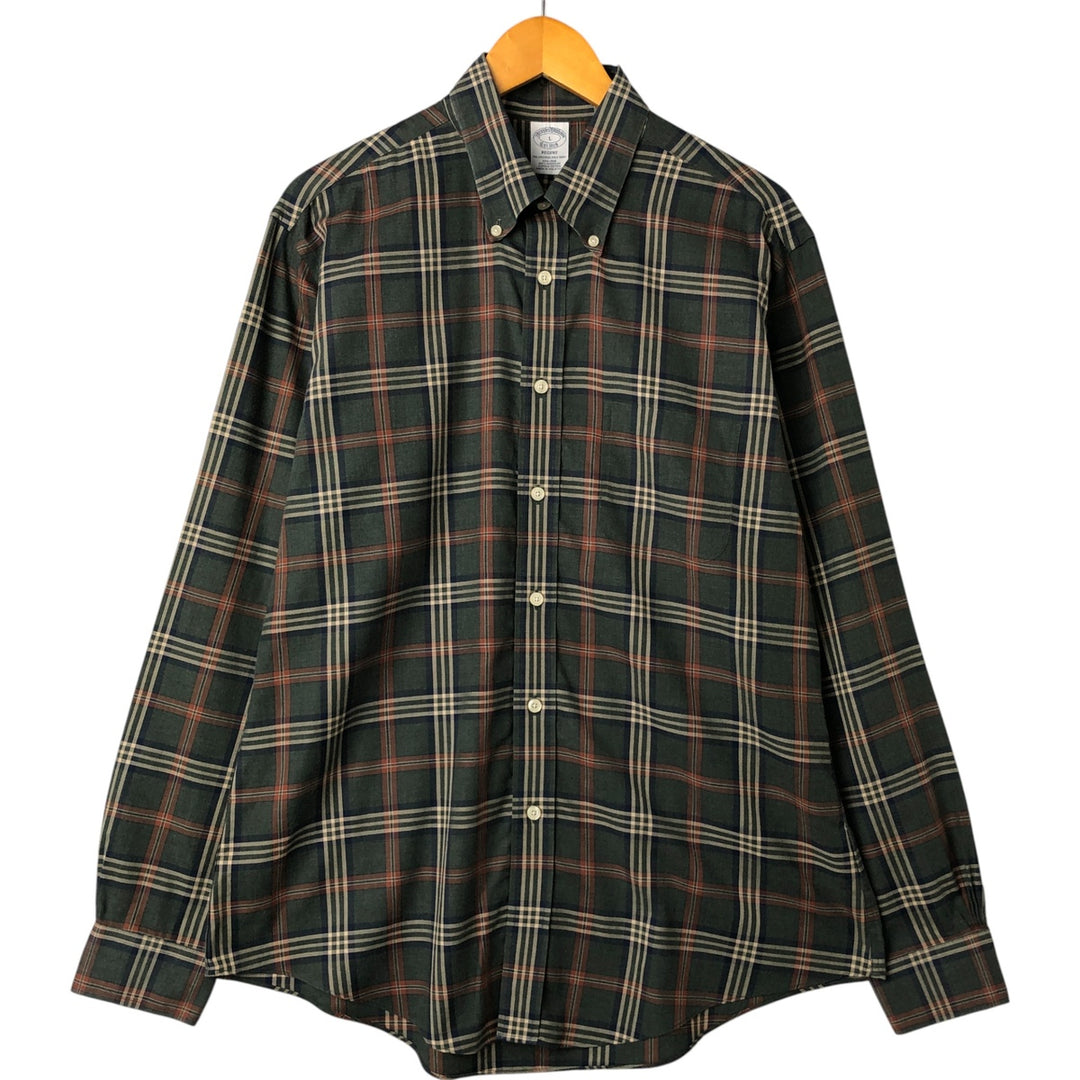 Brooks Brothers Est.1818 REGENT Long Sleeve Button-Down Check Shirt, Men's Size L cotton Green type dark green Vintage Second Hand
