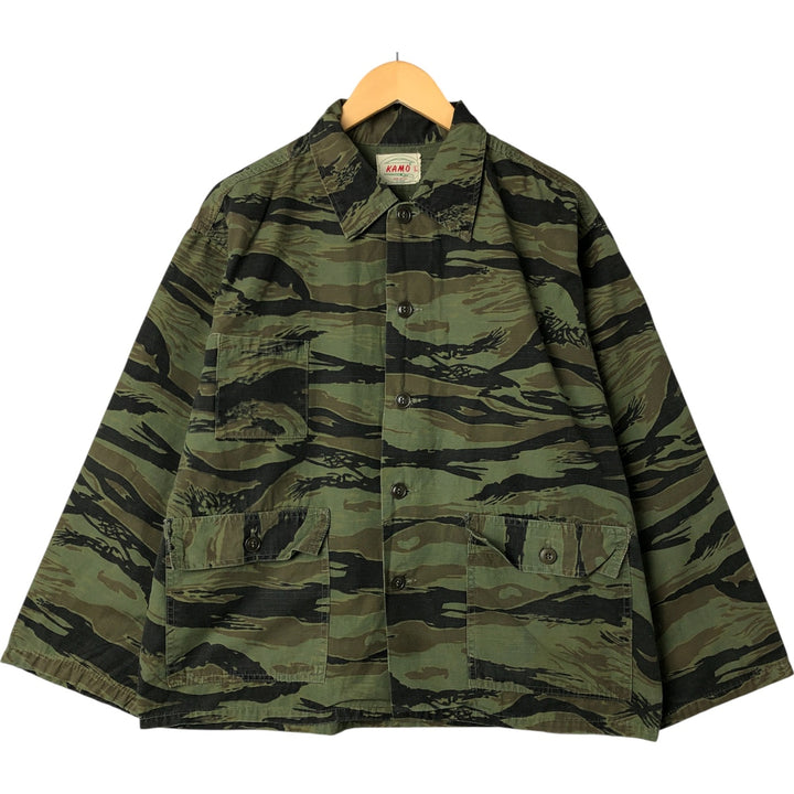 60'S Camo Camouflage Pattern Tiger Stripe Camo Ripstop Hunting Jacket Made in USA Men's Size L Vintage cotton Khaki type Vintage Second Hand