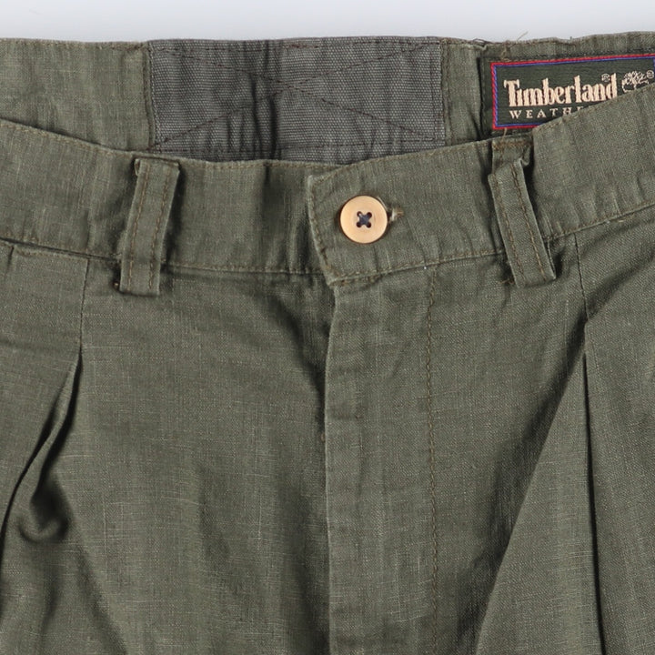 90'S Timberland WEATHERGEAR Two-pleat Linen Shorts, Men's, W34 equivalent, Vintage unclear Khaki type sage green Vintage Second Hand