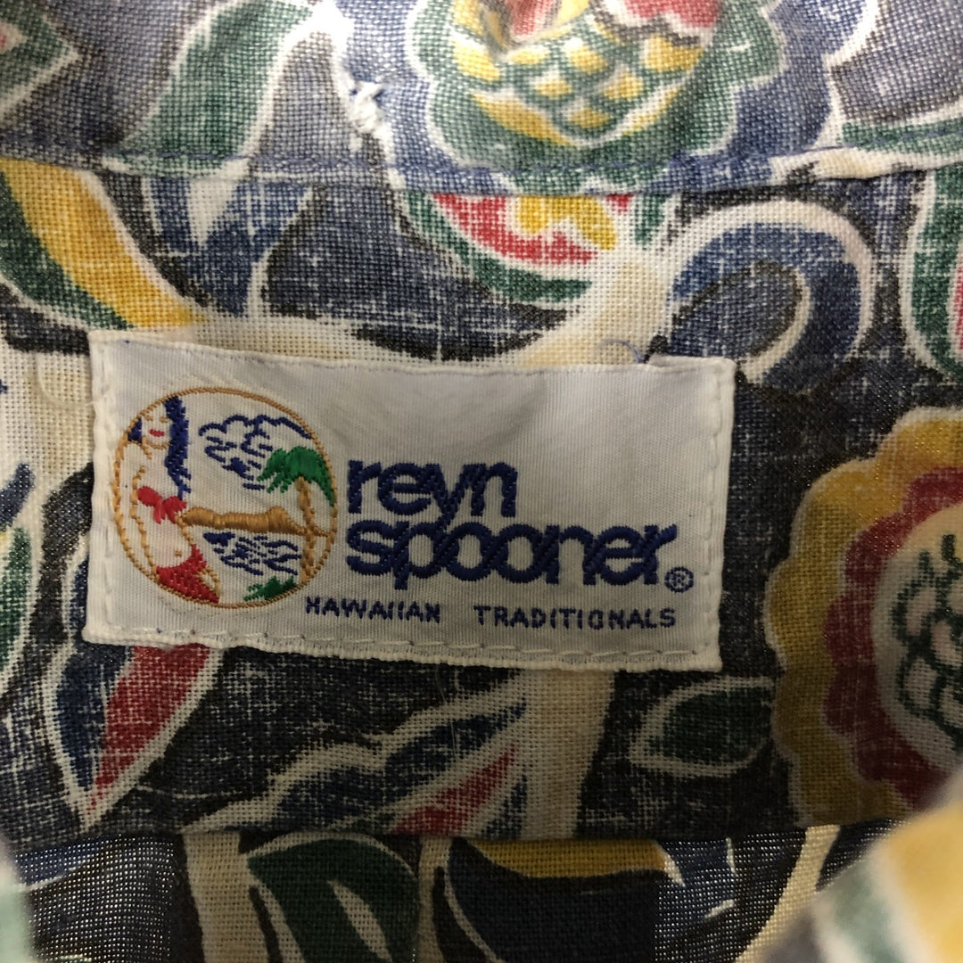 Reyn Spooner Swimsuit Tag Bikini Tag All-Over Hibiscus Pattern Box Shirt Hawaiian Aloha Shirt Men's L Size unclear navy blue type Vintage Second Hand