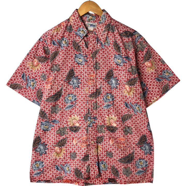 Reyn Spooner Swimsuit Tag Bikini Tag All-Over Botanical Pattern Box Shirt Hawaiian Aloha Shirt Made in Hawaii Men's Size L cotton red type Vintage Second Hand