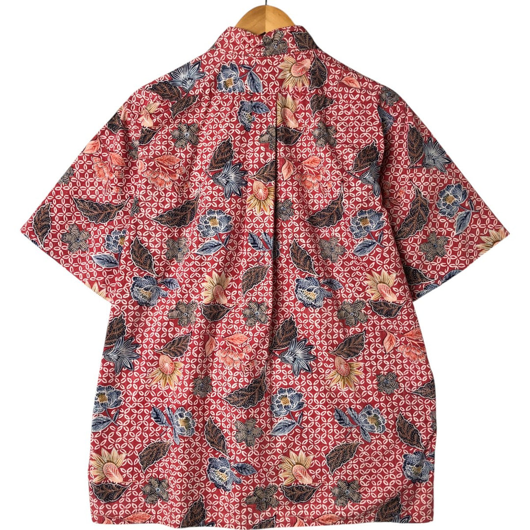 Reyn Spooner Swimsuit Tag Bikini Tag All-Over Botanical Pattern Box Shirt Hawaiian Aloha Shirt Made in Hawaii Men's Size L cotton red type Vintage Second Hand