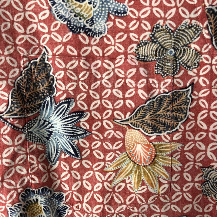 Reyn Spooner Swimsuit Tag Bikini Tag All-Over Botanical Pattern Box Shirt Hawaiian Aloha Shirt Made in Hawaii Men's Size L cotton red type Vintage Second Hand