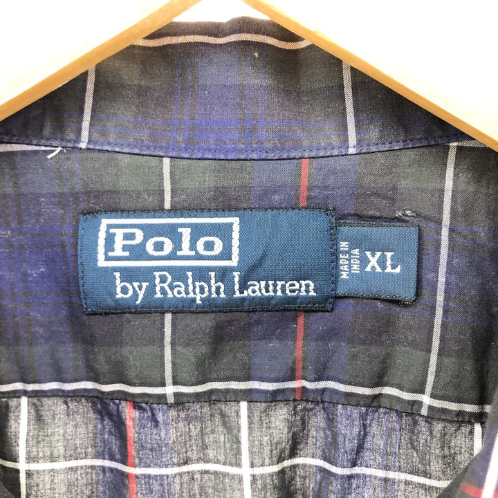 Ralph Lauren POLO by Ralph Lauren Check Pattern Short Sleeve Open Collar Cotton Shirt Men's XL cotton navy blue type Vintage Second Hand