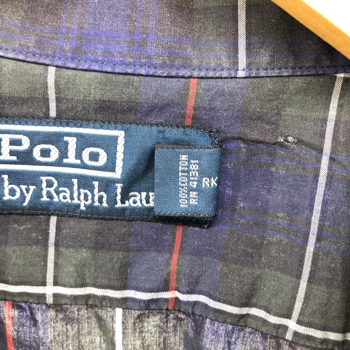Ralph Lauren POLO by Ralph Lauren Check Pattern Short Sleeve Open Collar Cotton Shirt Men's XL cotton navy blue type Vintage Second Hand