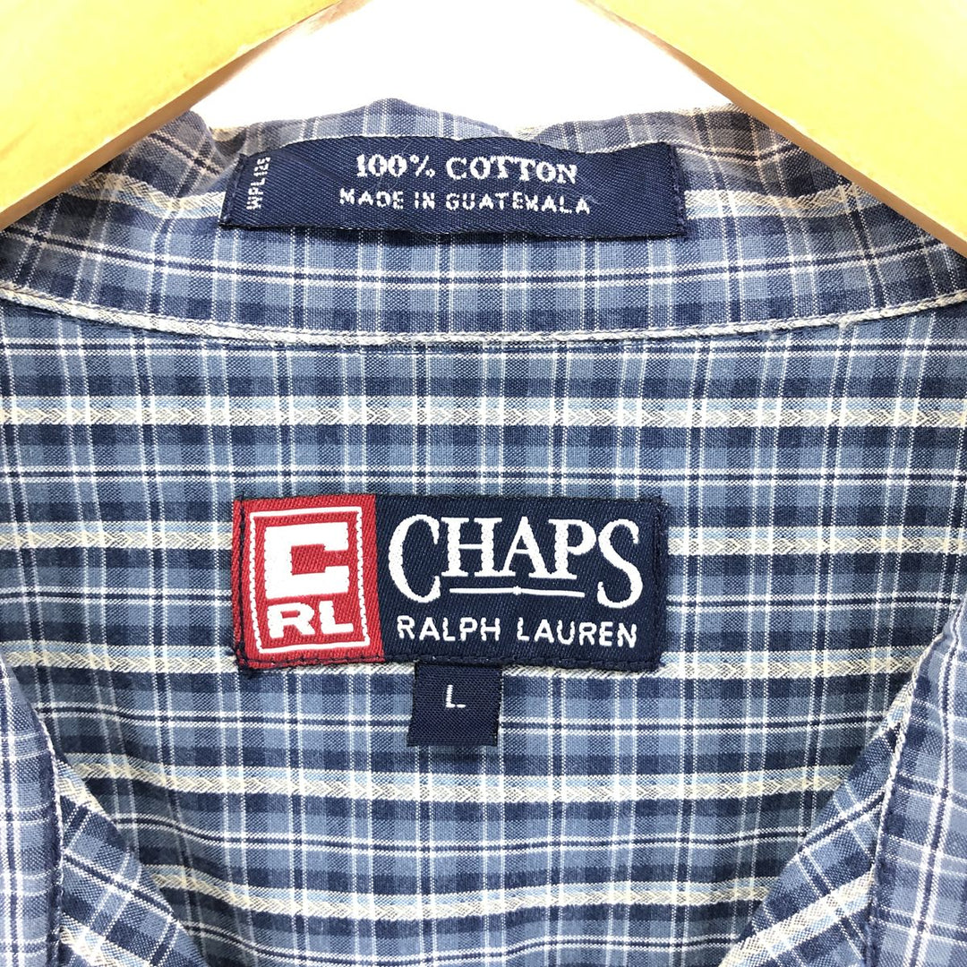 90'S Ralph Lauren Chaps Check Pattern Short Sleeve Open Collar Cotton Shirt Box Shirt Men's L Size cotton gray type Vintage Second Hand