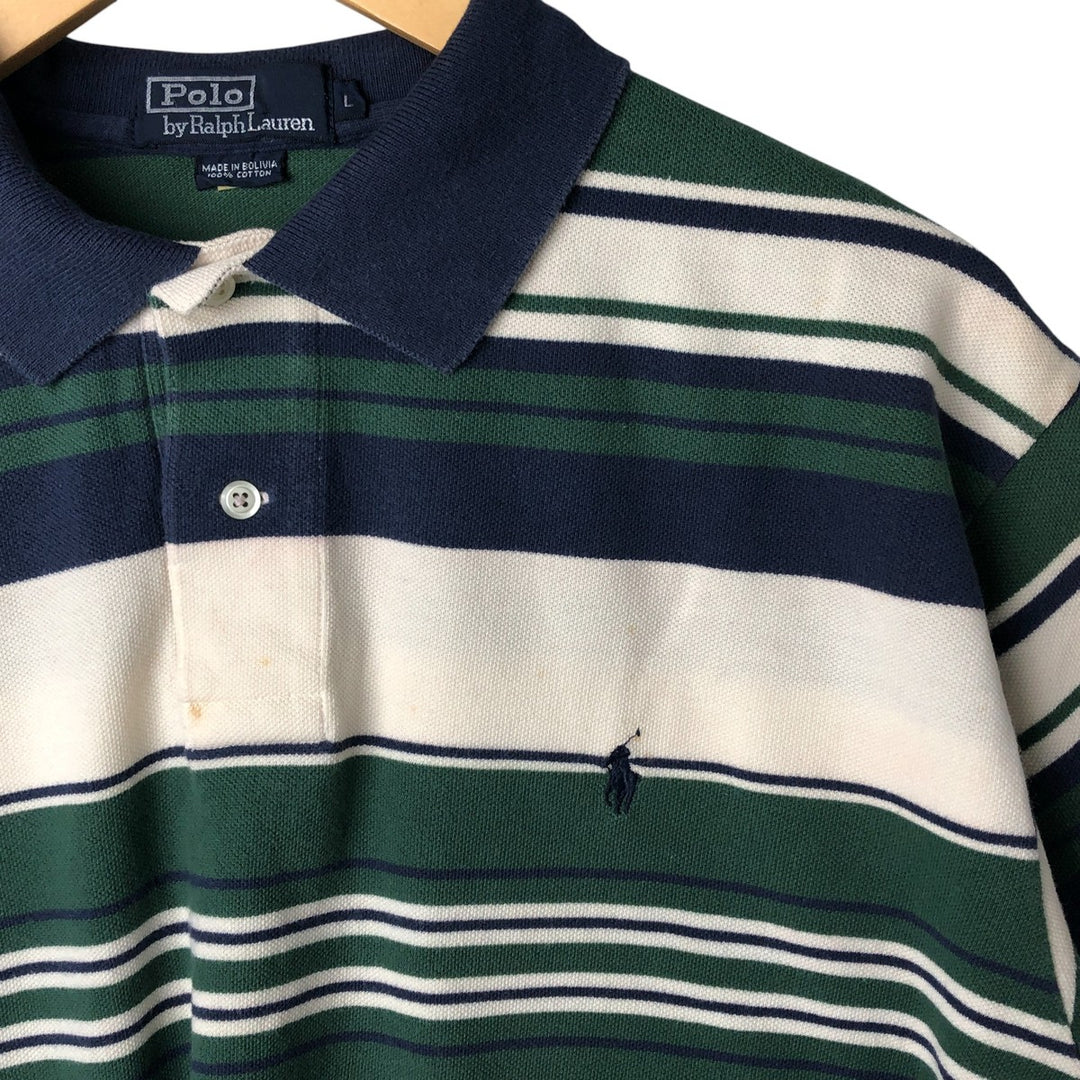 Ralph Lauren POLO by Ralph Lauren Multi-border short sleeve striped polo shirt Men's size L cotton ivory Vintage Second Hand
