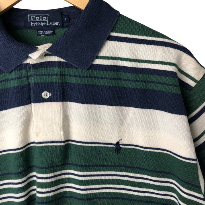 Ralph Lauren POLO by Ralph Lauren Multi-border short sleeve striped polo shirt Men's size L cotton ivory Vintage Second Hand