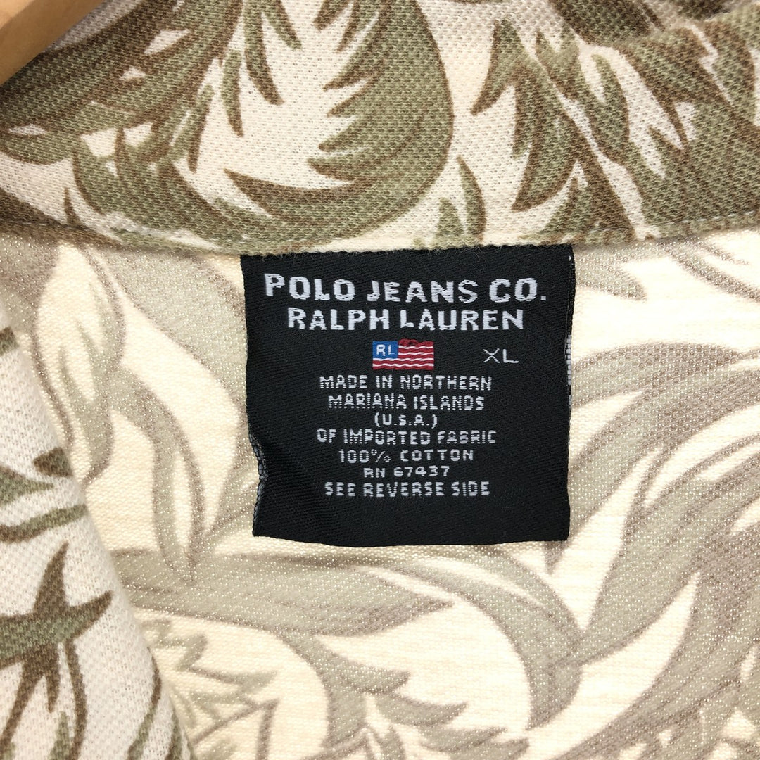 Ralph Lauren POLO JEANS COMPANY Leaf Pattern Wide Collar Hawaiian Aloha Shirt Men's XL cotton ivory Vintage Second Hand