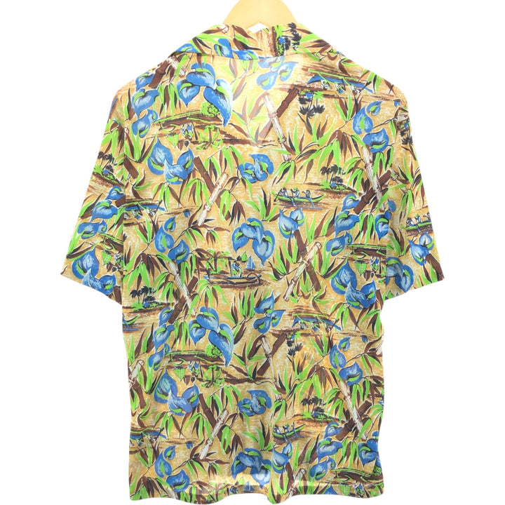 80s-90'S HANG TEN all-over print open collar Hawaiian aloha shirt, men's size M, vintage unclear ocher yellow type Vintage Second Hand