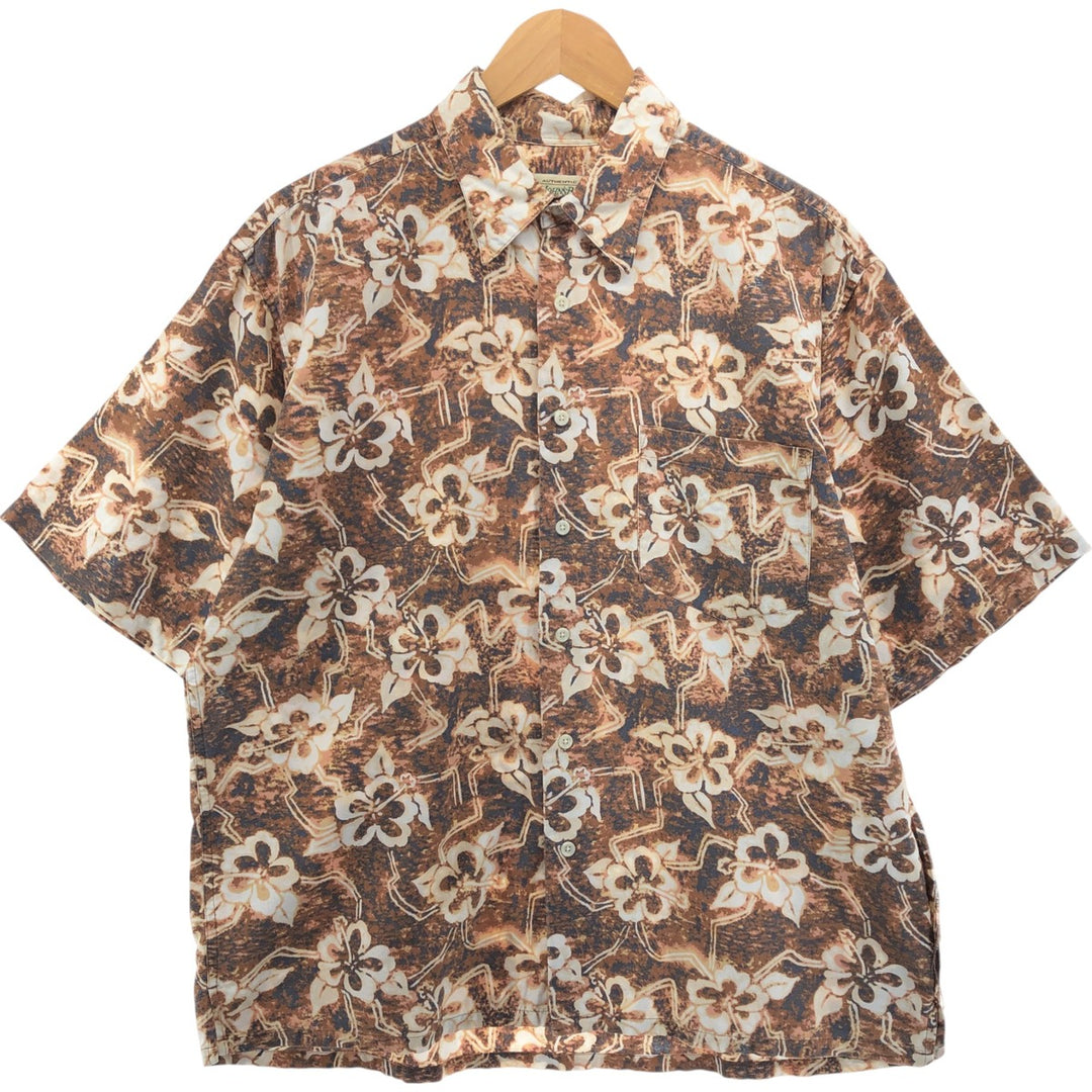 ST. JHON'S BAY Hibiscus Pattern Hawaiian Aloha Shirt, Men's M size linen brown type Vintage Second Hand