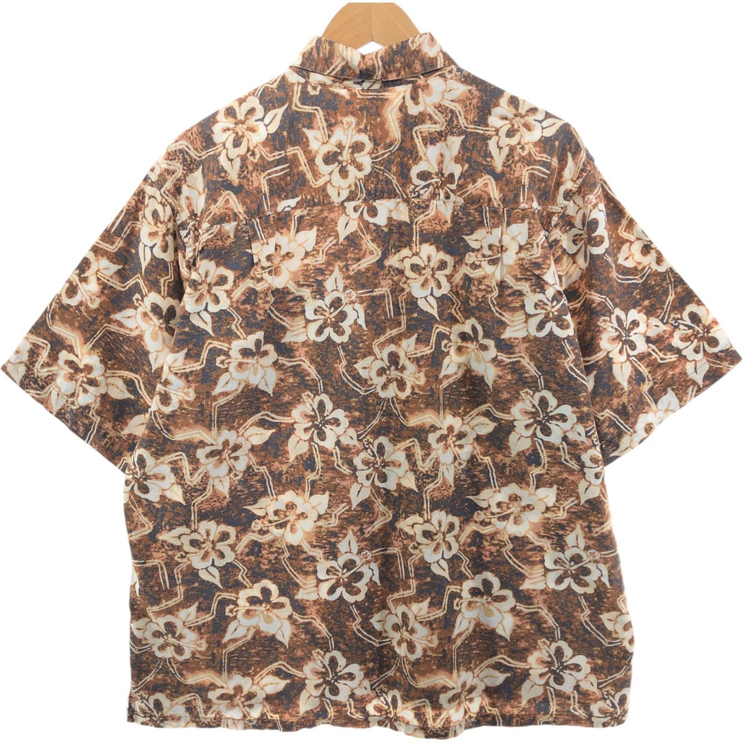 ST. JHON'S BAY Hibiscus Pattern Hawaiian Aloha Shirt, Men's M size linen brown type Vintage Second Hand