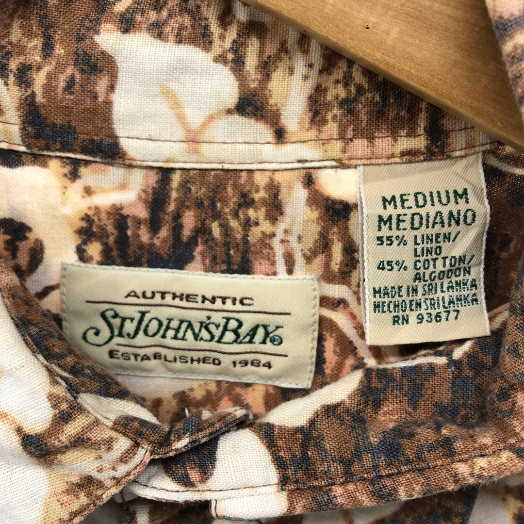 ST. JHON'S BAY Hibiscus Pattern Hawaiian Aloha Shirt, Men's M size linen brown type Vintage Second Hand