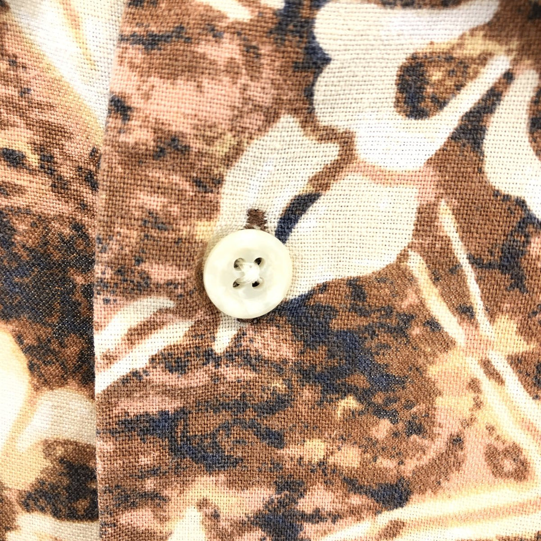 ST. JHON'S BAY Hibiscus Pattern Hawaiian Aloha Shirt, Men's M size linen brown type Vintage Second Hand