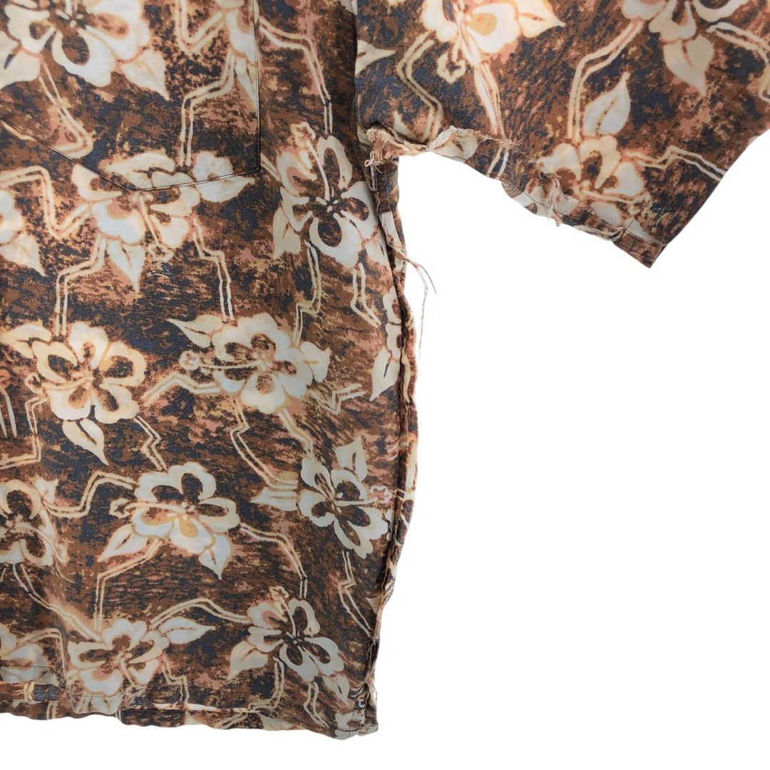 ST. JHON'S BAY Hibiscus Pattern Hawaiian Aloha Shirt, Men's M size linen brown type Vintage Second Hand