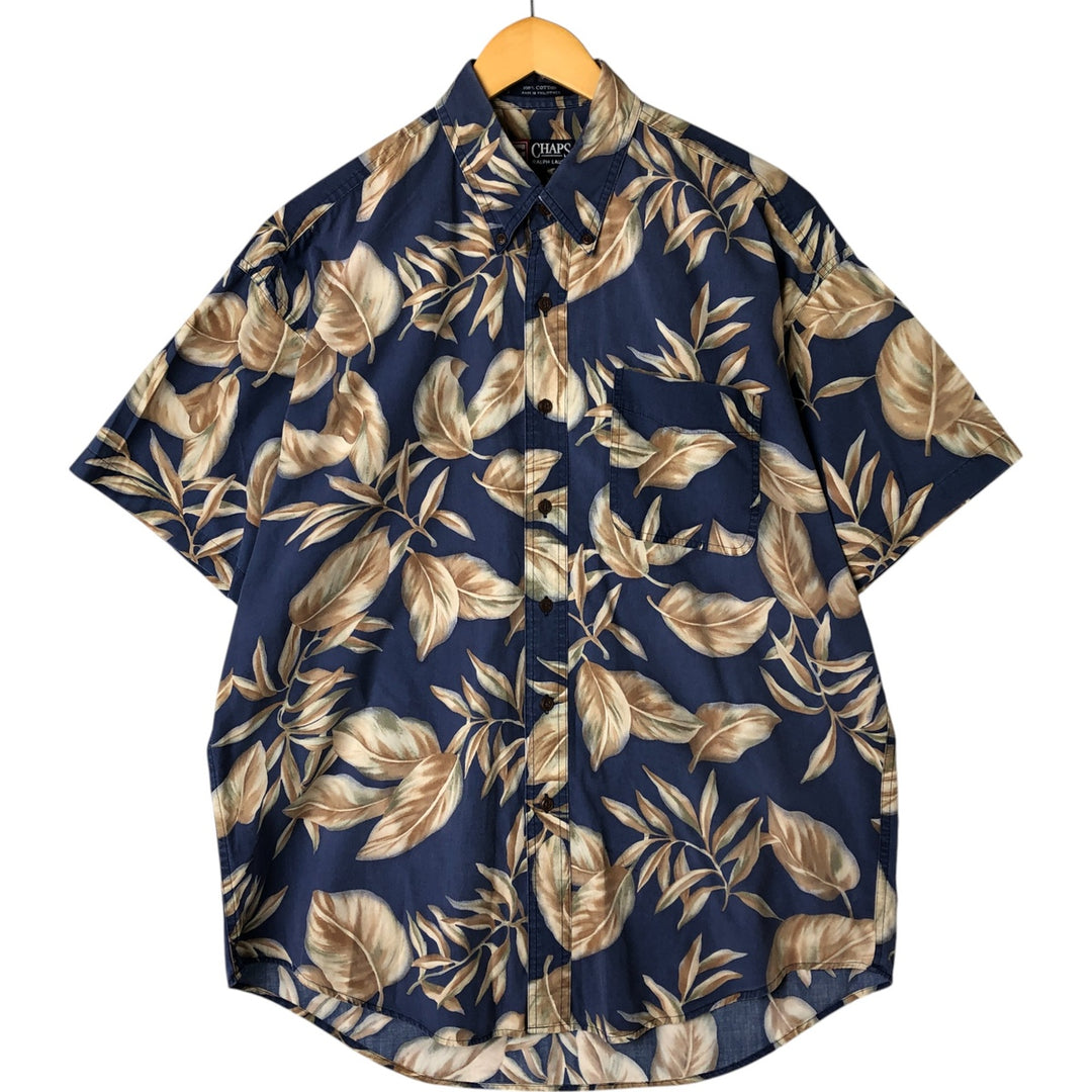 Ralph Lauren CHAPS Chaps, Leaf Pattern Button-down Hawaiian Aloha Shirt, Men's L size cotton navy blue type Vintage Second Hand