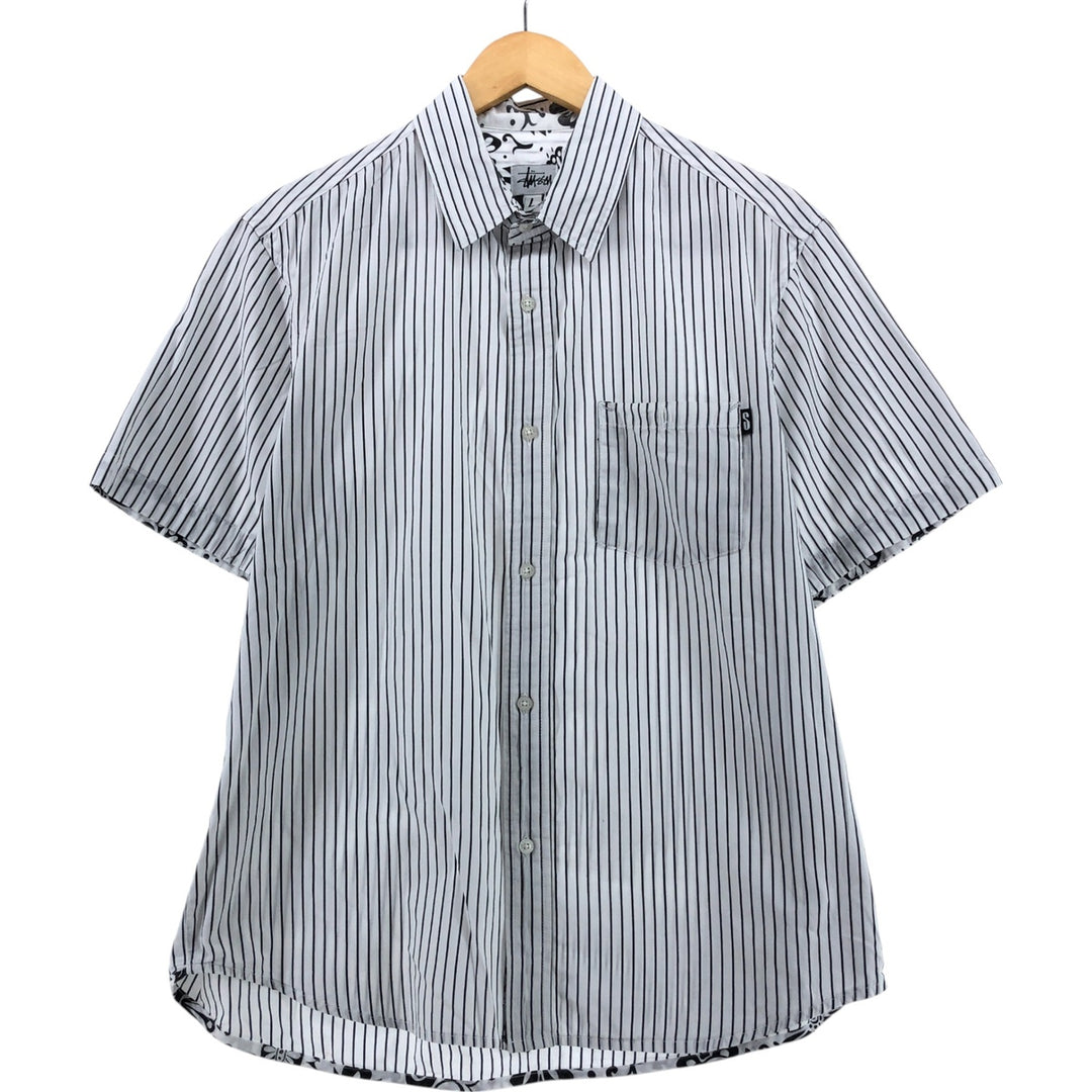 STUSSY Short Sleeve Cotton Striped Shirt Men's Size L cotton white type Vintage Second Hand