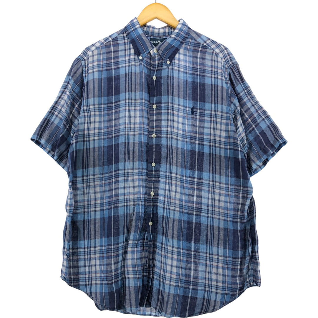 Ralph Lauren Classic Fit Check Pattern Short Sleeve Linen Button Down Shirt Men's XL linen blue type Vintage Second Hand