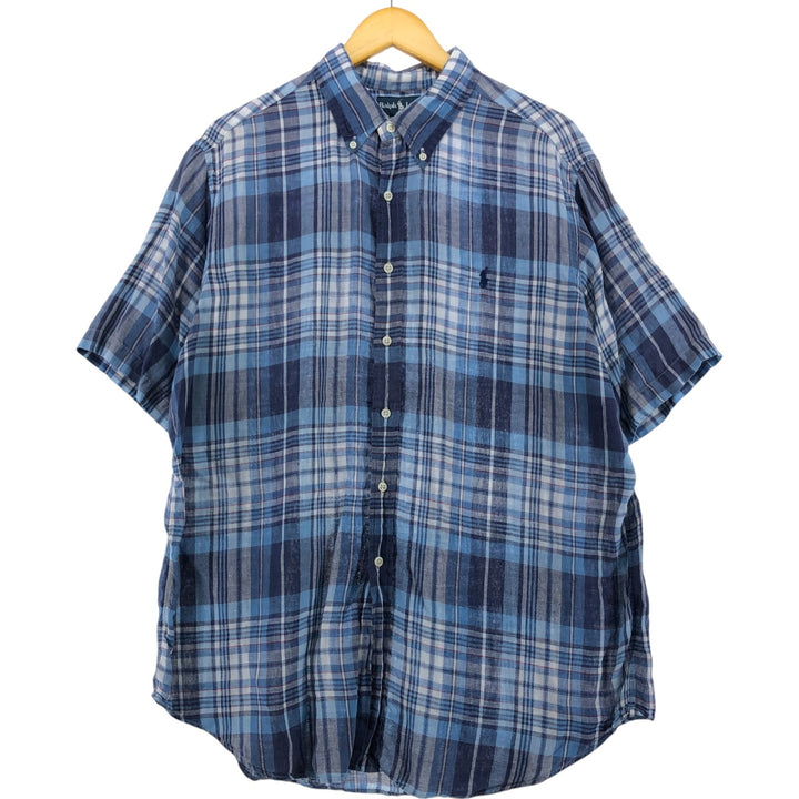 Ralph Lauren Classic Fit Check Pattern Short Sleeve Linen Button Down Shirt Men's XL linen blue type Vintage Second Hand
