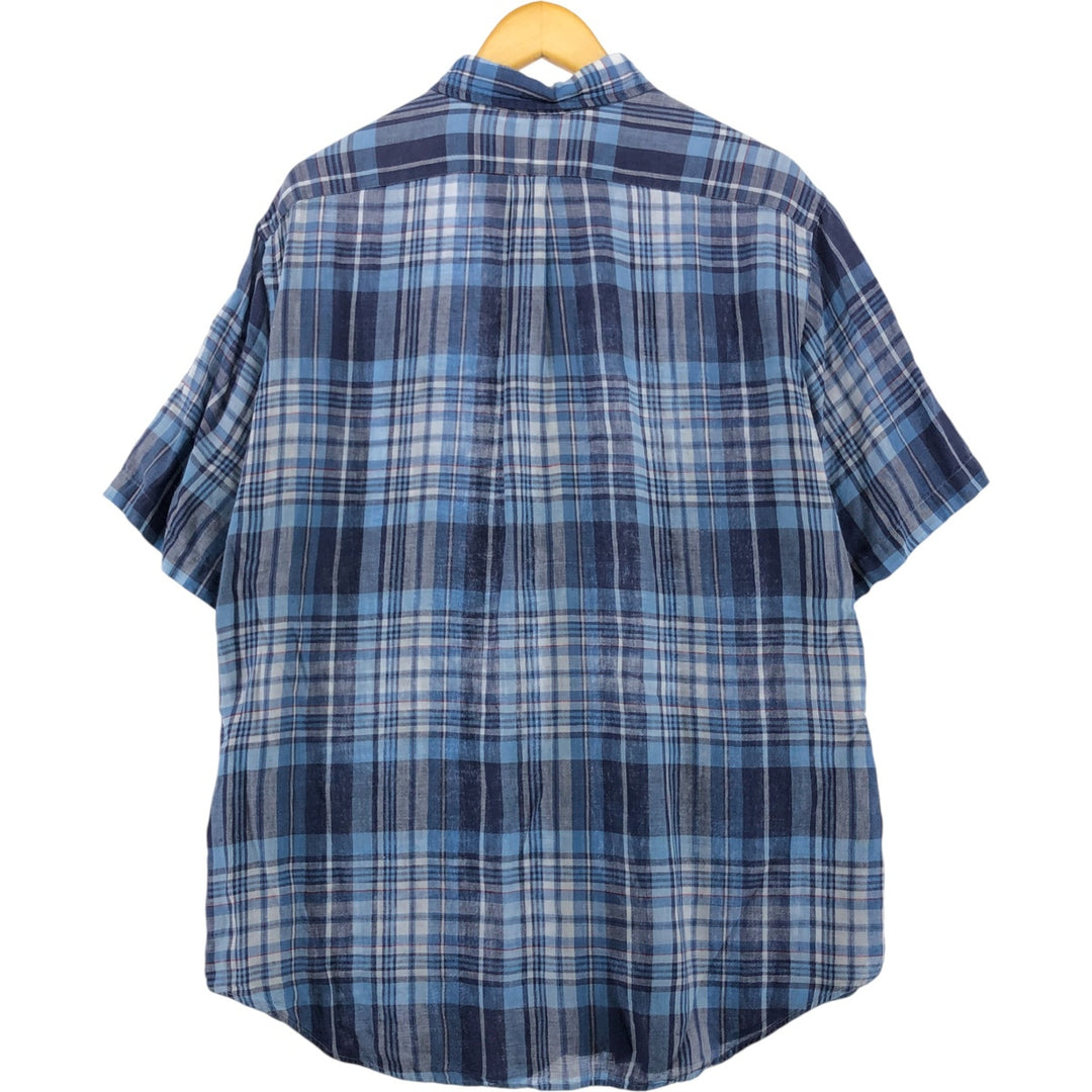 Ralph Lauren Classic Fit Check Pattern Short Sleeve Linen Button Down Shirt Men's XL linen blue type Vintage Second Hand
