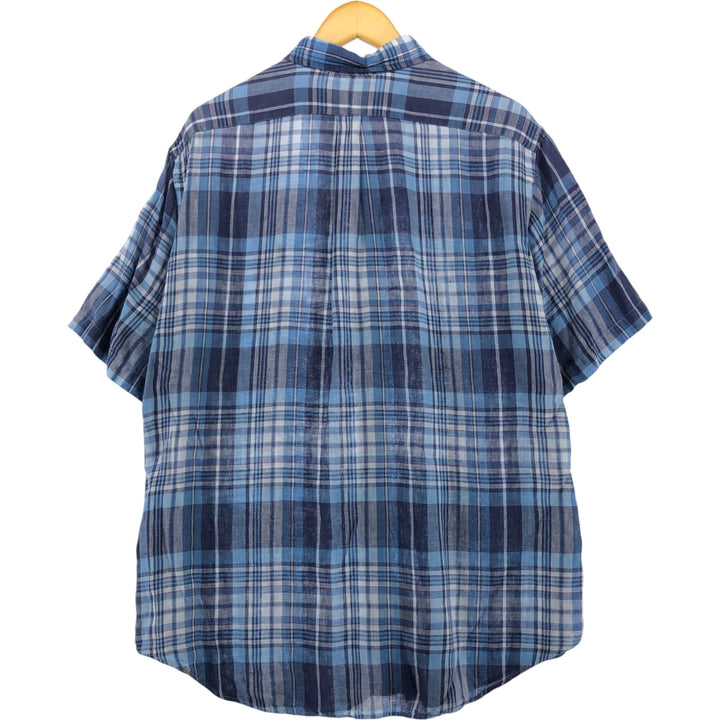 Ralph Lauren Classic Fit Check Pattern Short Sleeve Linen Button Down Shirt Men's XL linen blue type Vintage Second Hand