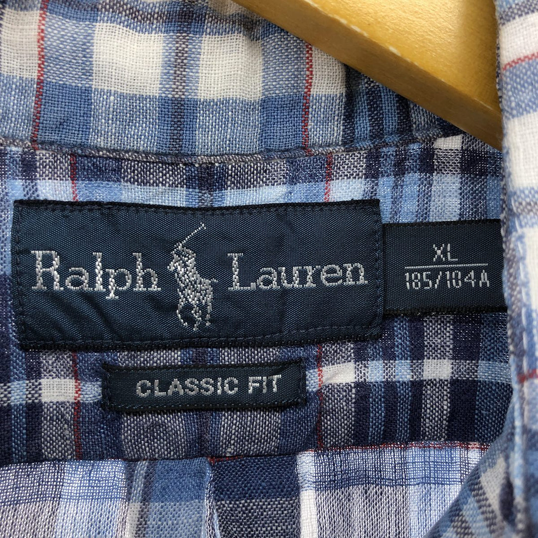 Ralph Lauren Classic Fit Check Pattern Short Sleeve Linen Button Down Shirt Men's XL linen blue type Vintage Second Hand