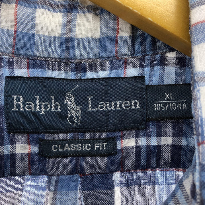 Ralph Lauren Classic Fit Check Pattern Short Sleeve Linen Button Down Shirt Men's XL linen blue type Vintage Second Hand