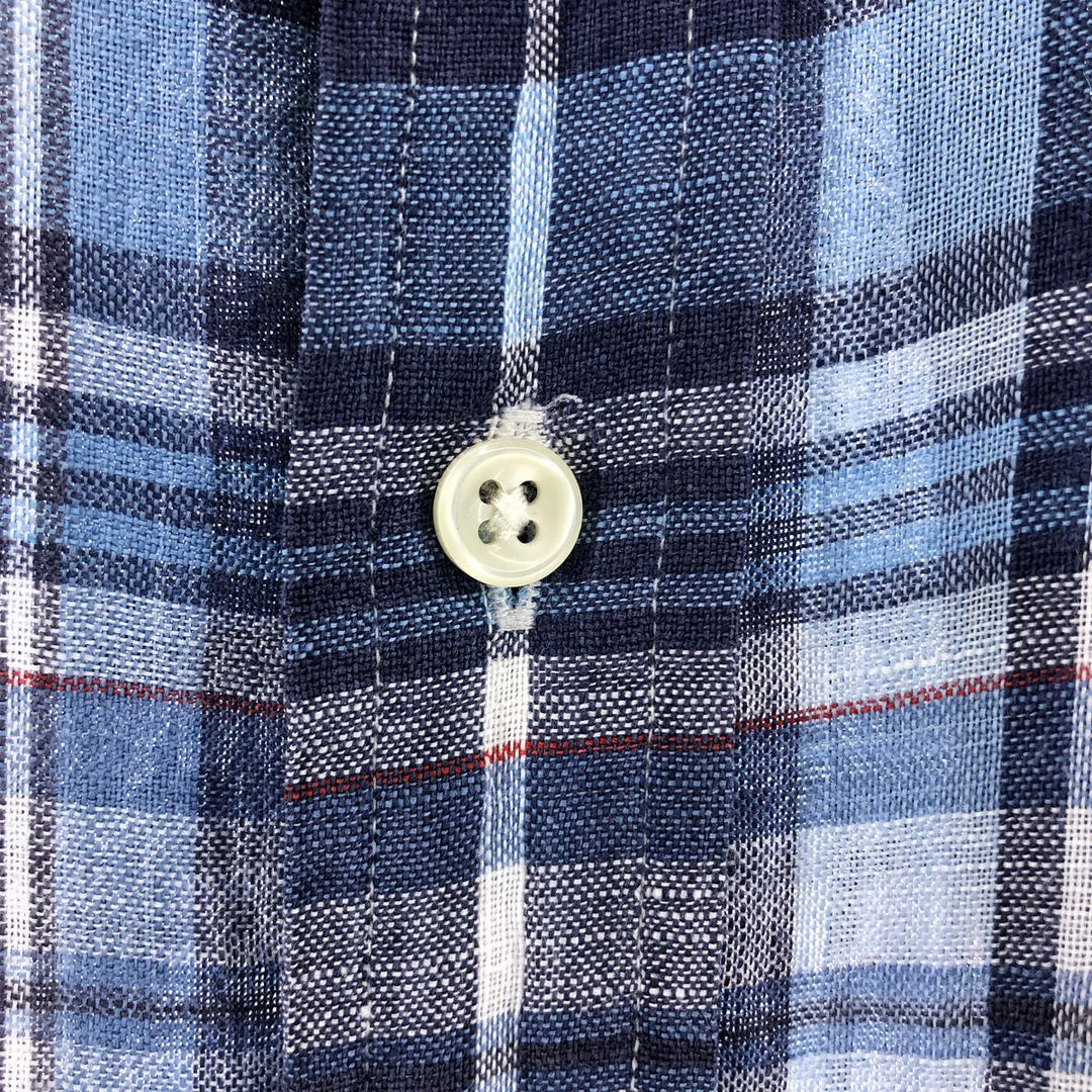 Ralph Lauren Classic Fit Check Pattern Short Sleeve Linen Button Down Shirt Men's XL linen blue type Vintage Second Hand