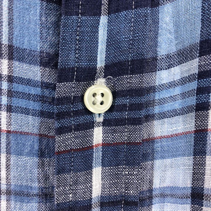Ralph Lauren Classic Fit Check Pattern Short Sleeve Linen Button Down Shirt Men's XL linen blue type Vintage Second Hand