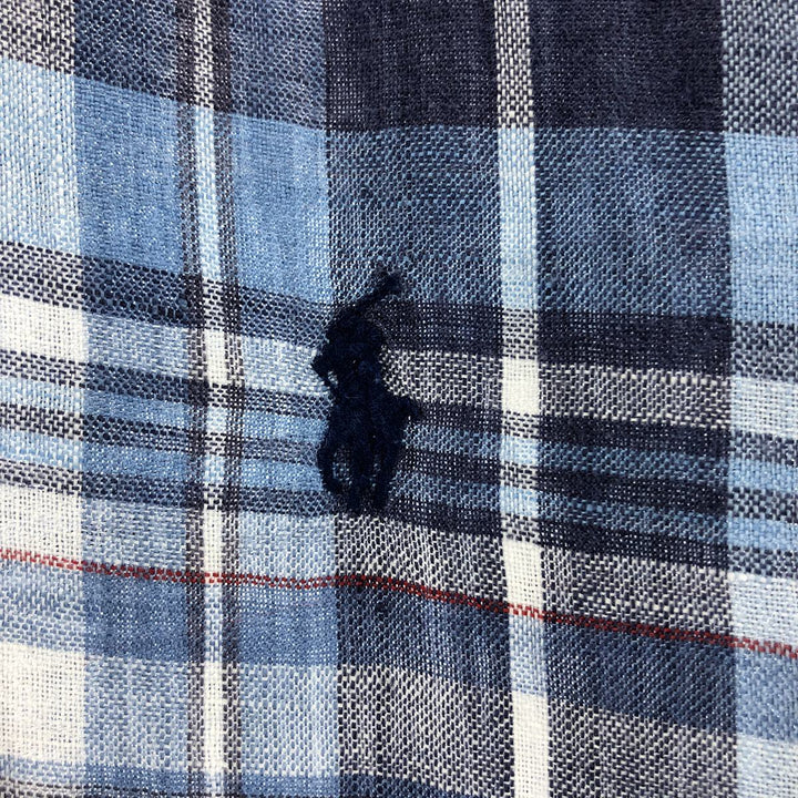 Ralph Lauren Classic Fit Check Pattern Short Sleeve Linen Button Down Shirt Men's XL linen blue type Vintage Second Hand