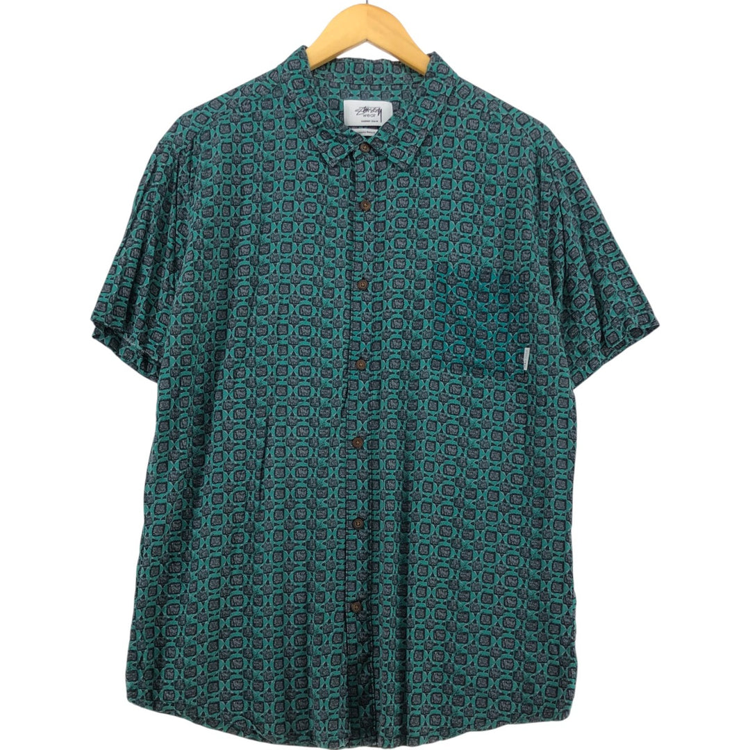 STUSSY LAGUNA BEACH all-over print short-sleeved shirt, men's size M unclear green type Vintage Second Hand
