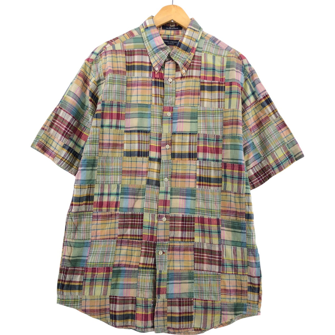 DANIEL CREMIEUX Patchwork short sleeve button down check shirt, men's size M cotton green type yellow green Vintage Second Hand