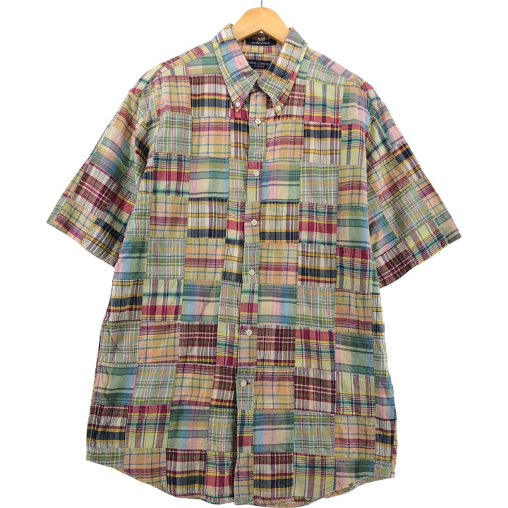 DANIEL CREMIEUX Patchwork short sleeve button down check shirt, men's size M cotton green type yellow green Vintage Second Hand