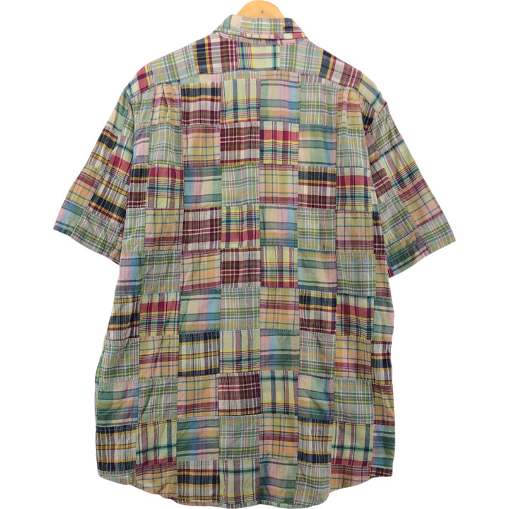 DANIEL CREMIEUX Patchwork short sleeve button down check shirt, men's size M cotton green type yellow green Vintage Second Hand