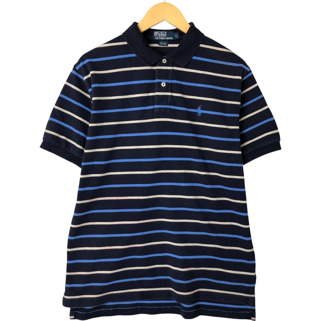 Ralph Lauren POLO by Ralph Lauren Multi-border short sleeve striped polo shirt Men's size L cotton navy blue type Vintage Second Hand