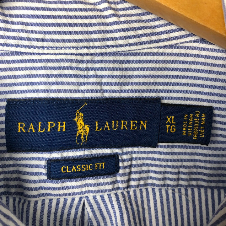 Ralph Lauren Classic Fit short sleeve button down striped shirt, men's XL size cotton blue type Vintage Second Hand