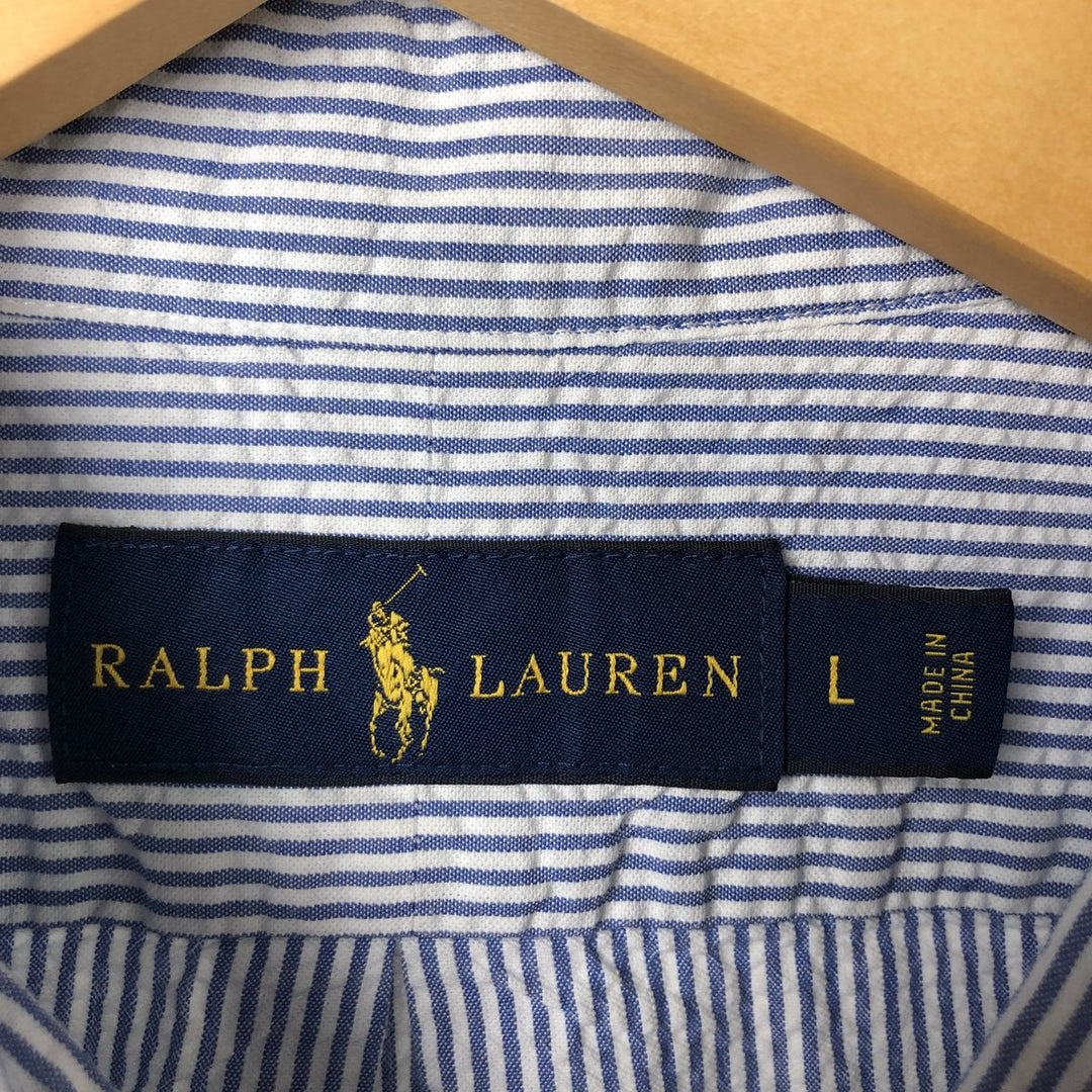 Ralph Lauren Seersucker Short Sleeve Button-Down Striped Shirt, Men's Size L cotton blue type Vintage Second Hand