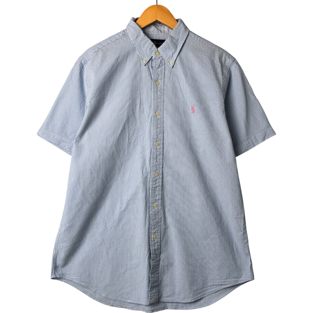 Ralph Lauren Seersucker Short Sleeve Button-Down Striped Shirt, Men's Size L cotton Blue type light blue Vintage Second Hand