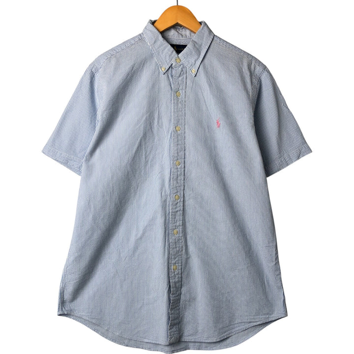 Ralph Lauren Seersucker Short Sleeve Button-Down Striped Shirt, Men's Size L cotton Blue type light blue Vintage Second Hand
