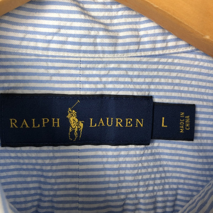 Ralph Lauren Seersucker Short Sleeve Button-Down Striped Shirt, Men's Size L cotton Blue type light blue Vintage Second Hand