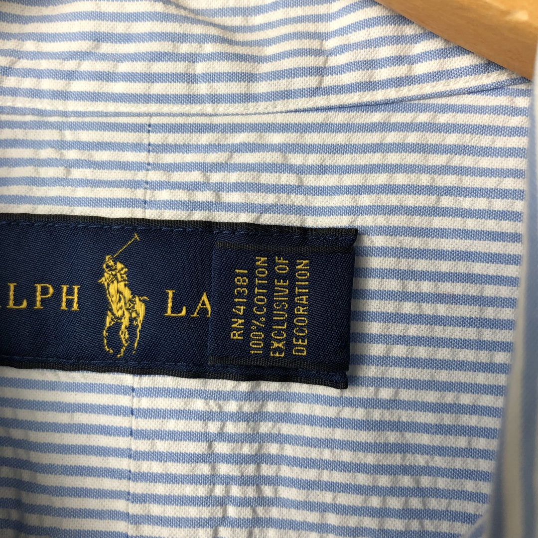 Ralph Lauren Seersucker Short Sleeve Button-Down Striped Shirt, Men's Size L cotton Blue type light blue Vintage Second Hand