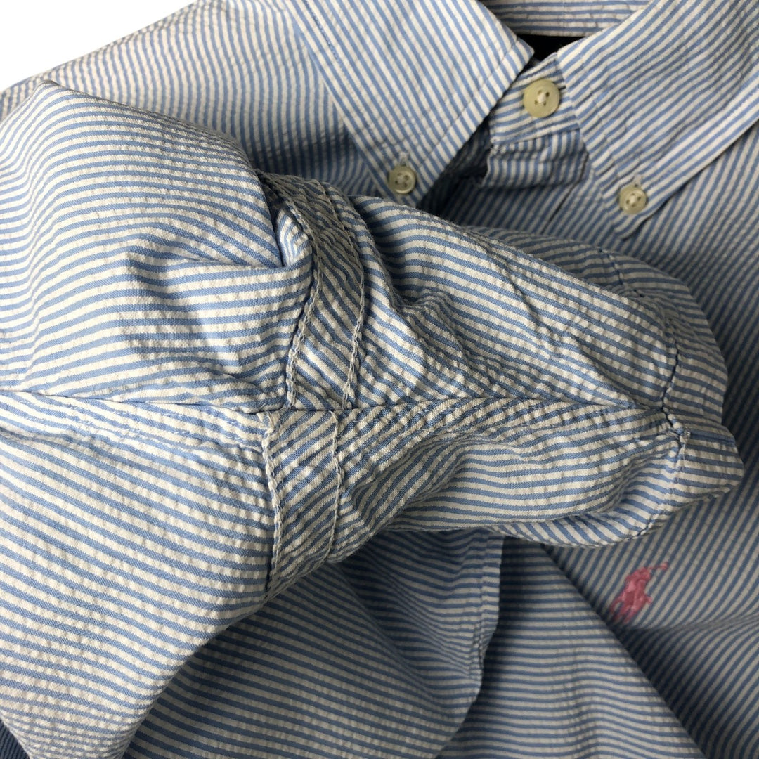 Ralph Lauren Seersucker Short Sleeve Button-Down Striped Shirt, Men's Size L cotton Blue type light blue Vintage Second Hand