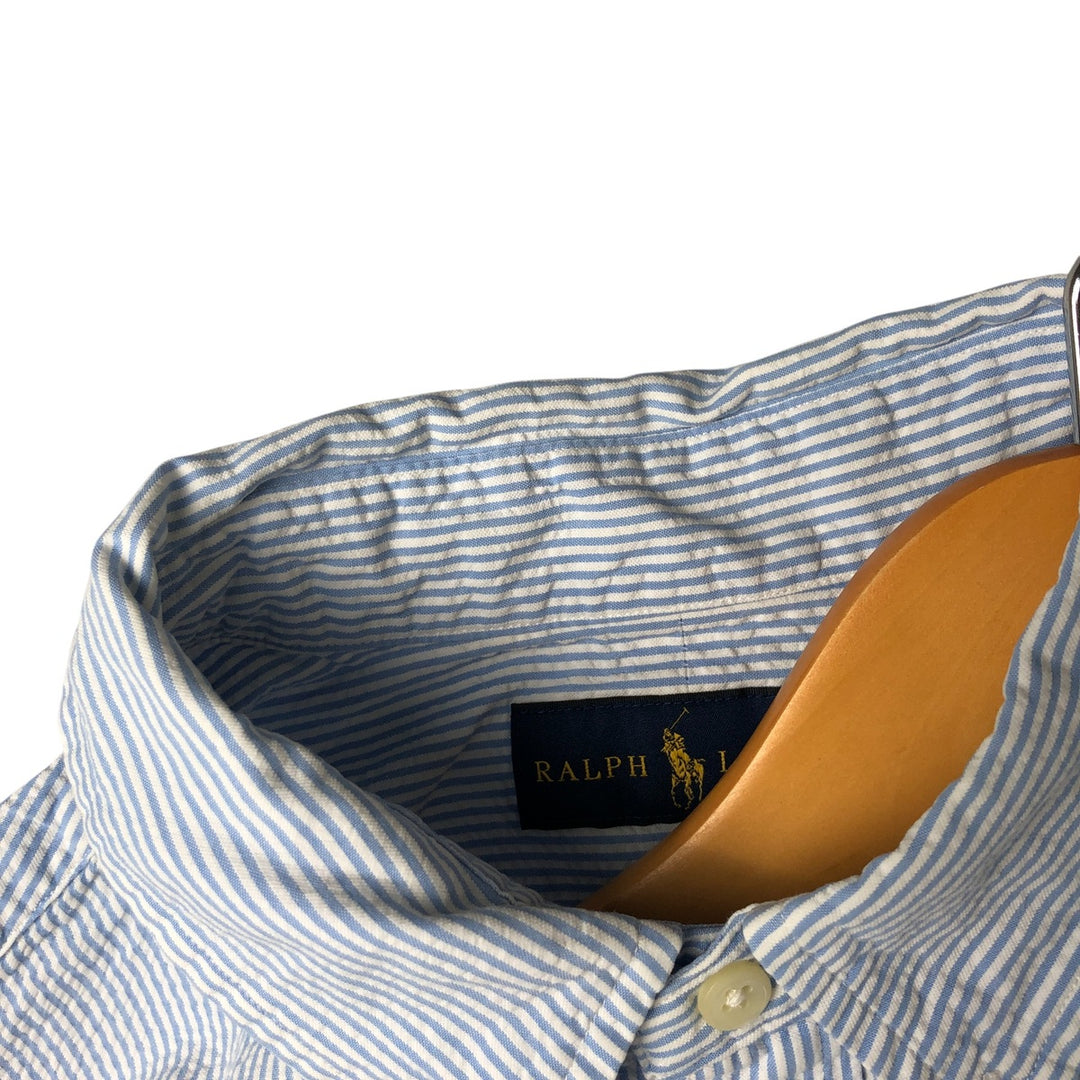 Ralph Lauren Seersucker Short Sleeve Button-Down Striped Shirt, Men's Size L cotton Blue type light blue Vintage Second Hand