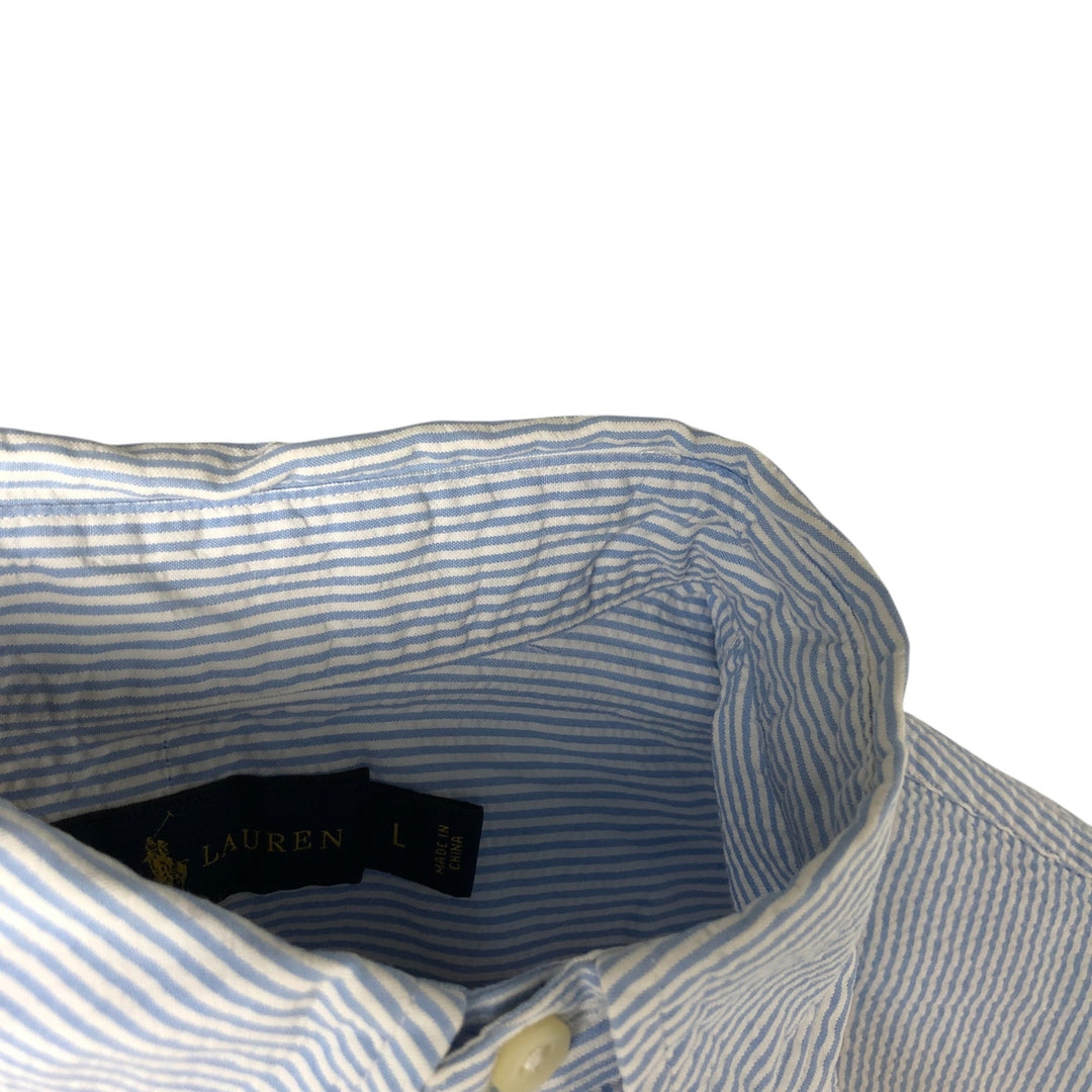 Ralph Lauren Seersucker Short Sleeve Button-Down Striped Shirt, Men's Size L cotton Blue type light blue Vintage Second Hand