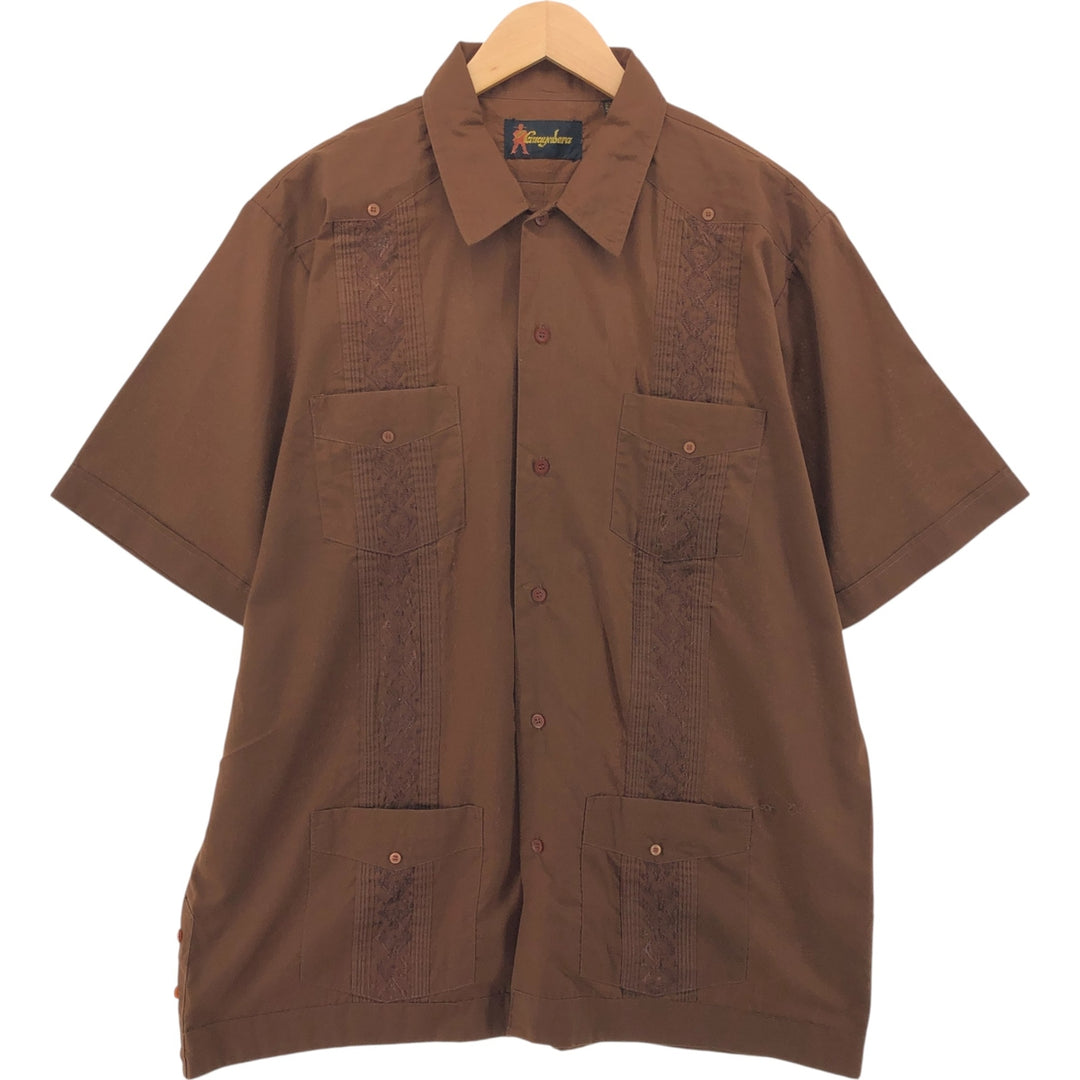 GUAYABERA Short Sleeve Open Collar Mexican Shirt Cuban Shirt Box Shirt Men's XL Size polyester brown type Vintage Second Hand