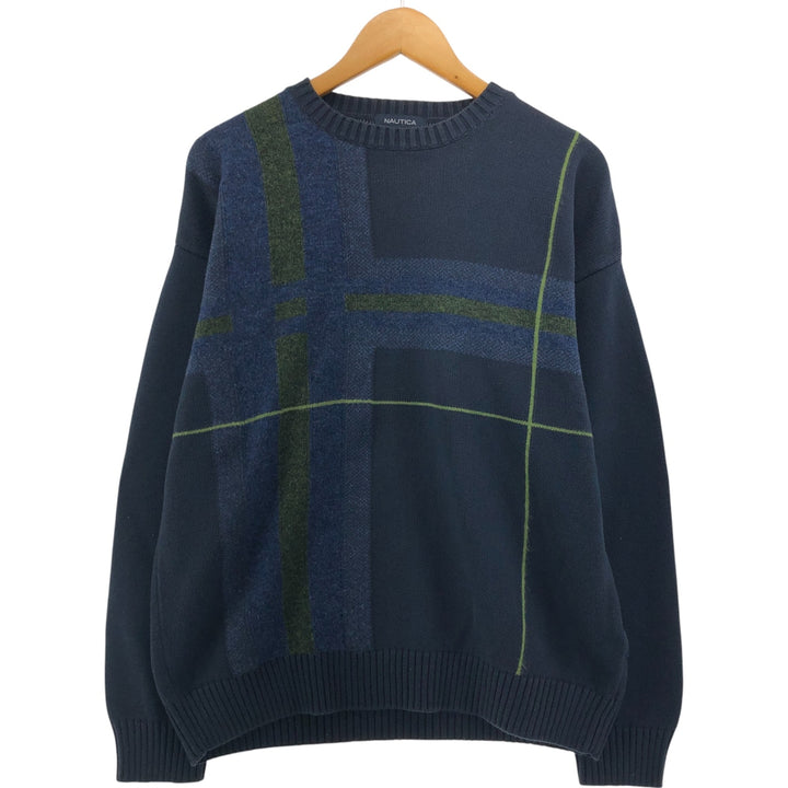 NAUTICA Cotton Knit Sweater, Men's Size L cotton navy blue type Vintage Second Hand