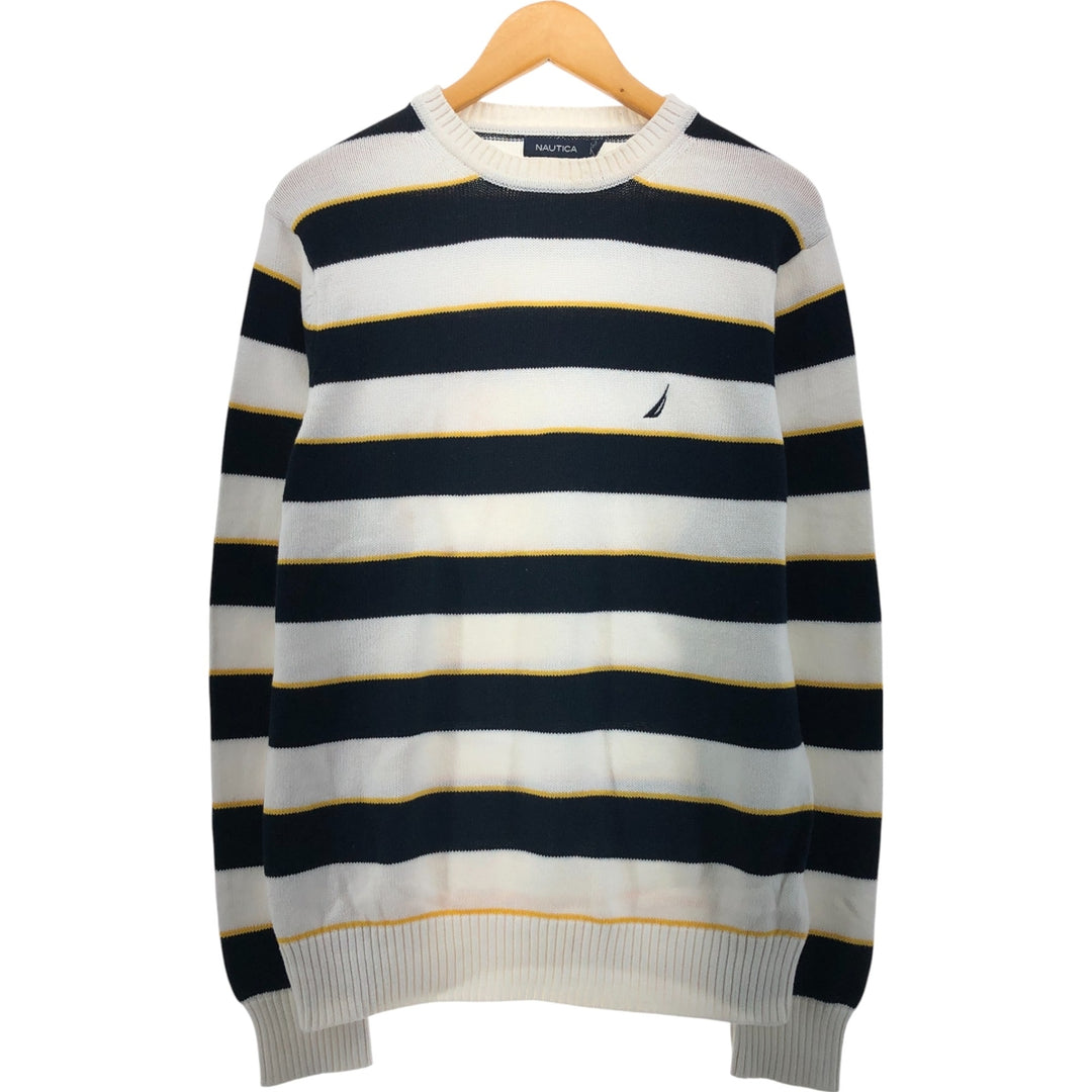 00'S ~ NAUTICA Striped Pattern Cotton Knit Sweater Men's M size cotton ivory Vintage Second Hand