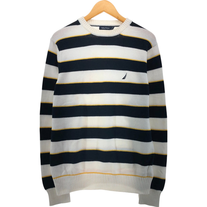 00'S ~ NAUTICA Striped Pattern Cotton Knit Sweater Men's M size cotton ivory Vintage Second Hand